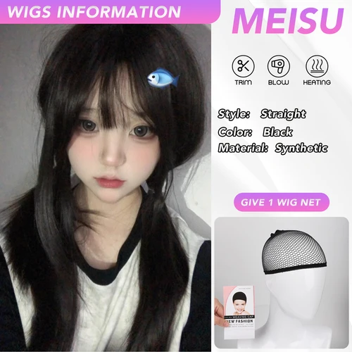 Imagen 2 del producto MEISU-pelucas rectas sintéticas de 26 pulgadas para mujer, pelo con flequillo lateral, té negro, resistente al calor, uso diario Natural y suave