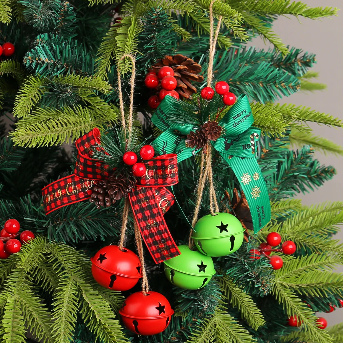 Christmas Bow Iron Bells Pendant Artificial Red Berry Pine Cone Christmas Bells with Twine Christmas Tree Hangings for Home Door