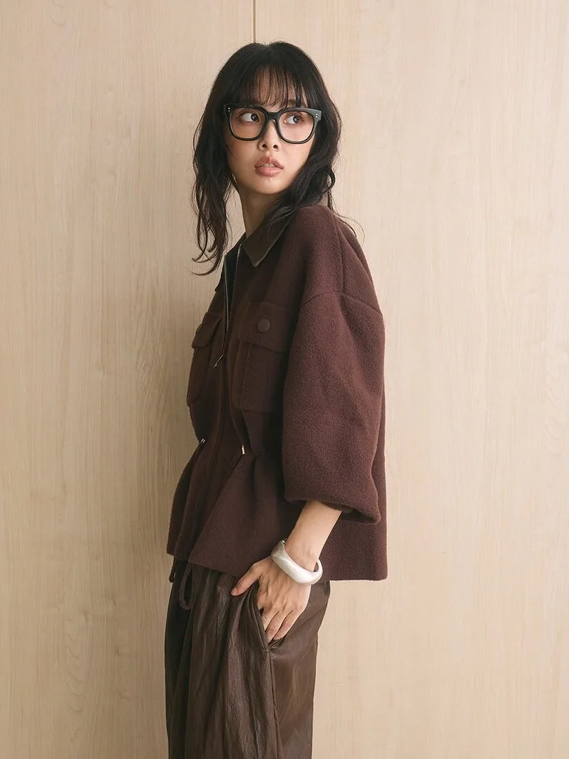 Khaki  Collar Knitted Open Cardigan Sweater Women's Autumn Winter New Drawstring Waist Cinching Outerwear Top