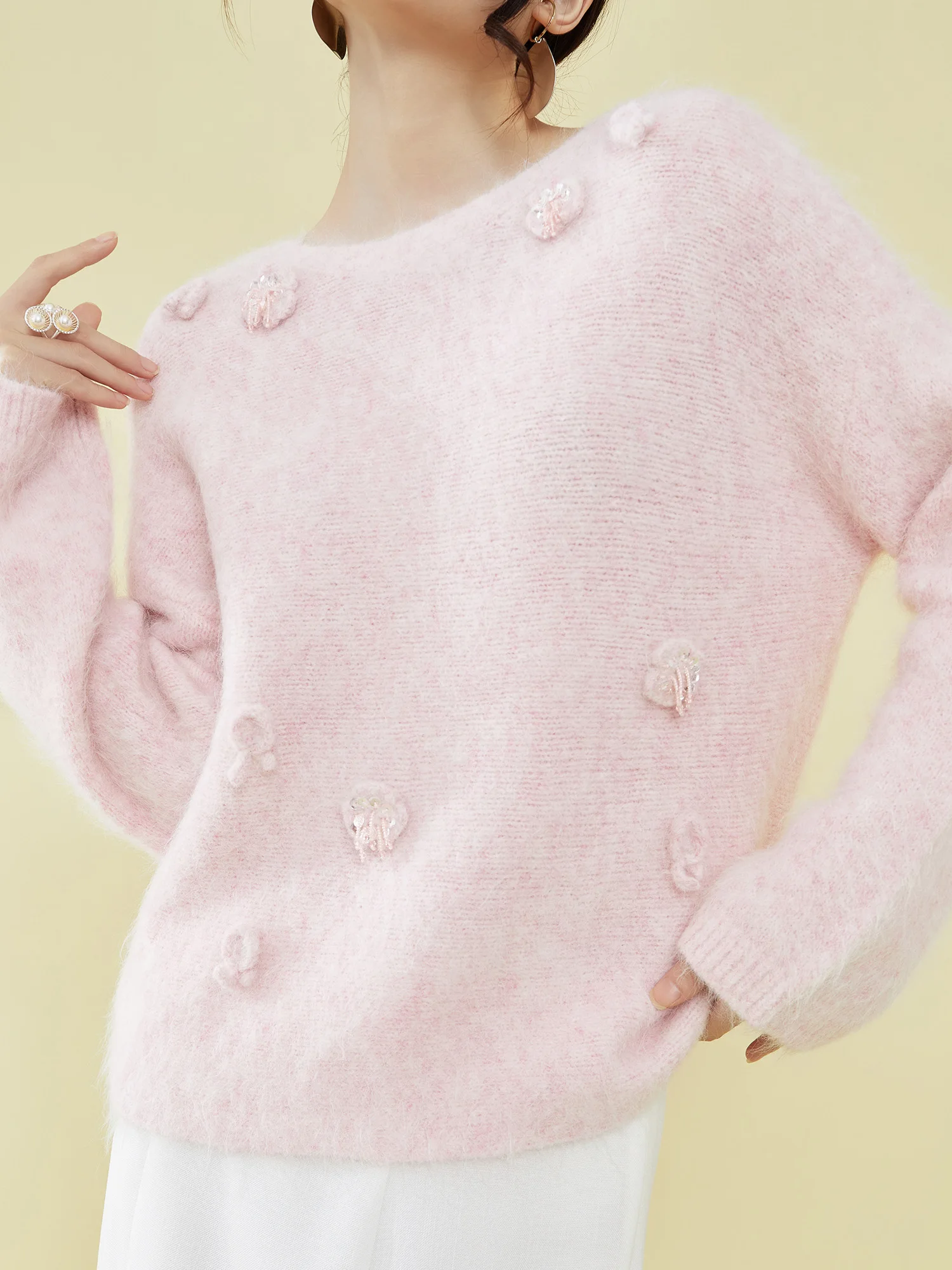 

Новый модный женский вязаный свитер Ele Pink с круглым вырезом, вышивкой бисером и цветами, в стиле Flowing Era, для повседневной носки