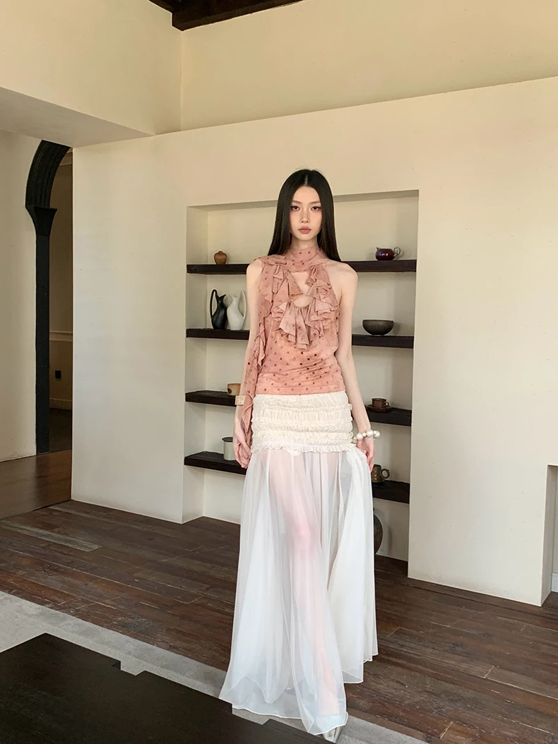 

Mipaiyi 3D Pleated Bodycon Skirt Lightweight Mesh Splicing Floaty Transparent Long Skirt Women Casual Style Summer 2026