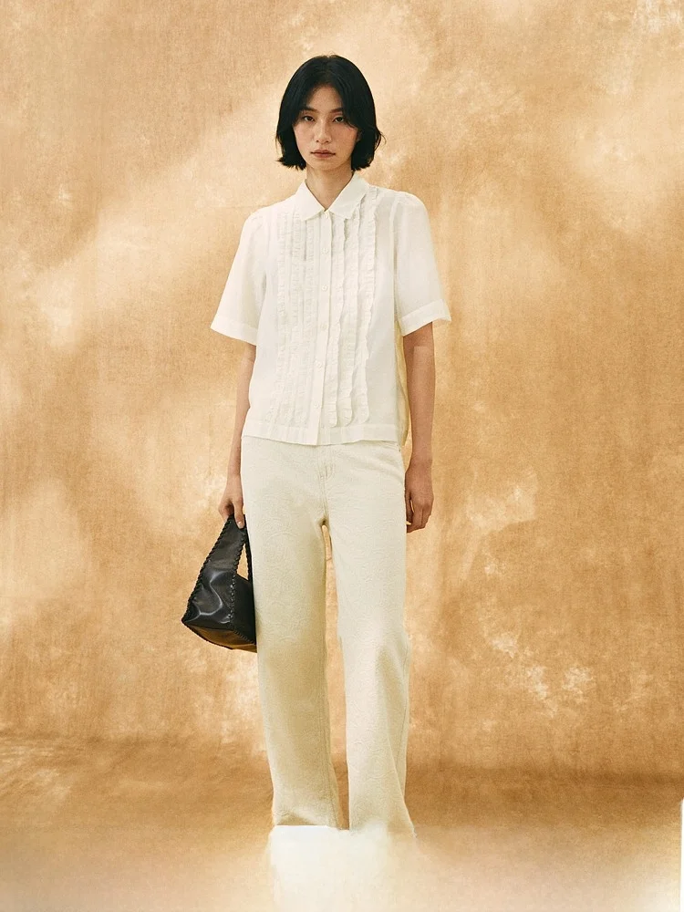 

H&M Women's Shirt Summer Tassel Trim Thin Weave Bubble Sleeve Pleated Lyocell Top 1306313 Polyester Lyocell Fiber Blend