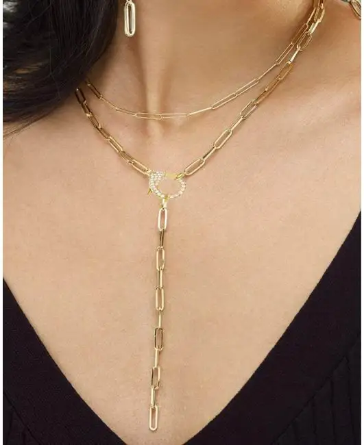 

925 Sterling Silver Y Lariat Necklace Fine Classic Gold Plated Women Jewelry Micro Pave CZ Lobster Clasp Unique Paper Clip Chain