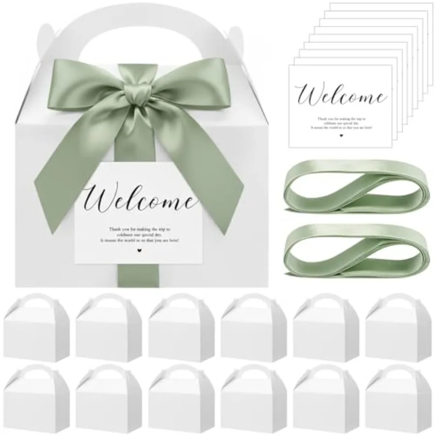 

Set Welcome Gable Boxes with Ribbon and Label 9x6x6'' Wedding Gift for Guests Large Paper Welcome Boxes for Wedding Bridal Baby