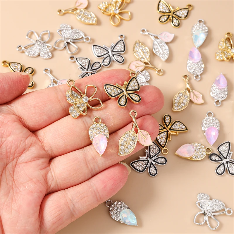 10 Stück Niedliche Kristall-Metall-Schmetterling-Baumblatt-Anhänger für Schmuckherstellung, Anhänger, Halsketten, Ohrringe, Armbänder, DIY-Bastelzubehör – Detail 2