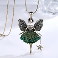 Lovely Angel Pendant Long Necklace For Women Grey Blue Crystal Sweater Chain
