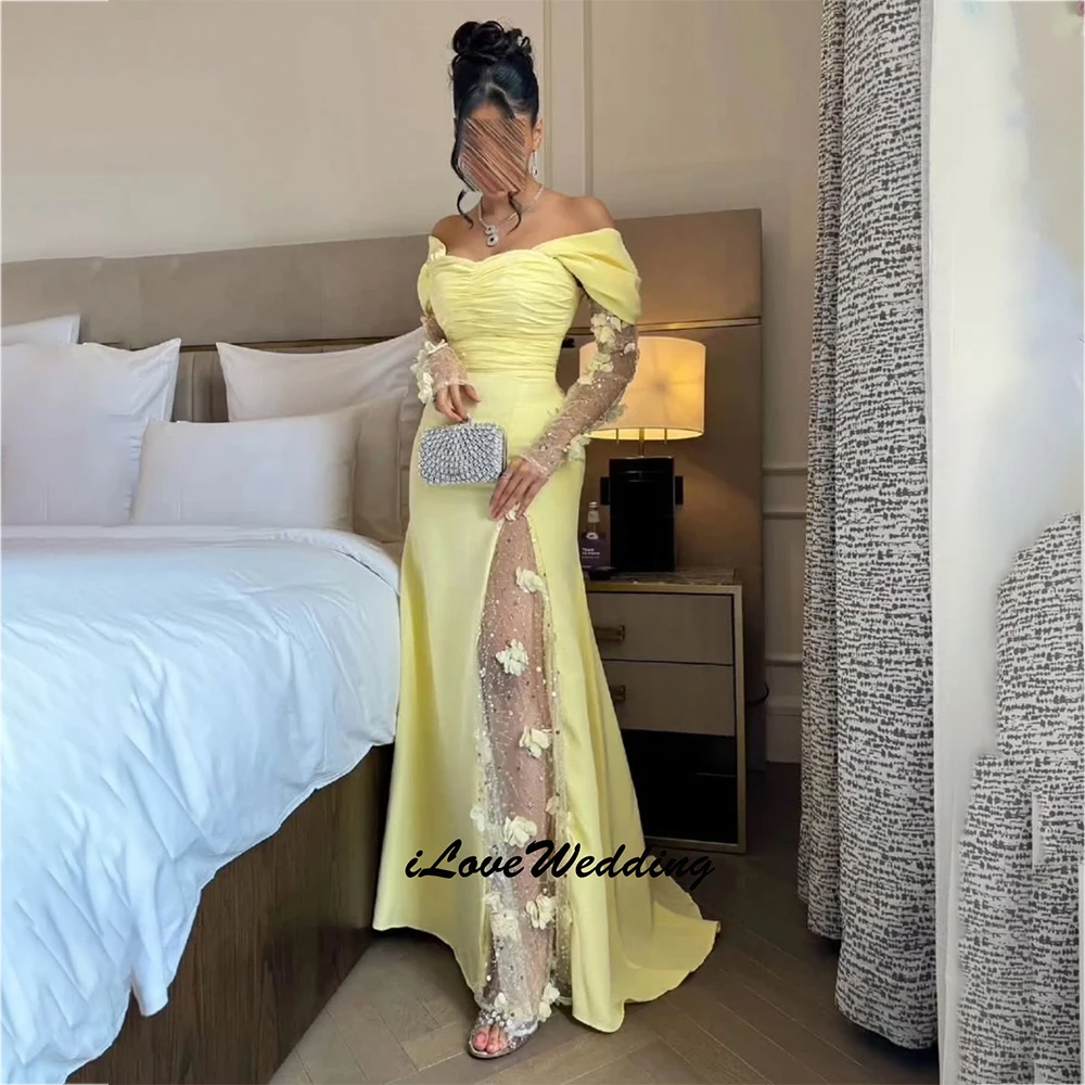 

Роскошные желтые вечерние платья русалки Саудовская Аравия Цветы Бисероплетение Платье для выпускного вечера с открытыми плечами Длинное платье для выпускного вечера 2026 по индивидуальному заказу
