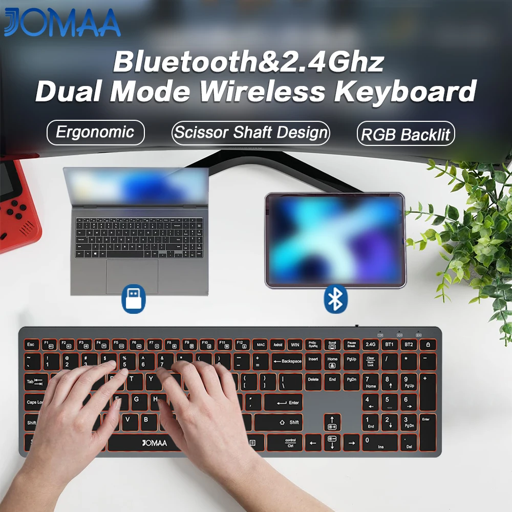 Ergonomic Bluetooth&2.4G Wireless Keyboard with 7-Color Backlit, Rechargeable 112 Key Full Size Office Keyboard for Win/Mac OS