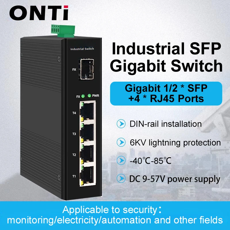 

ONTi 5/6-портовый промышленный гигабитный оптоволоконный коммутатор с SFP 10/100/1000 Мбит/с Ethernet-коммутатор 4GE+11(2)SFP от -40 до 85 ° C DIN-рейка IP40 6КВ