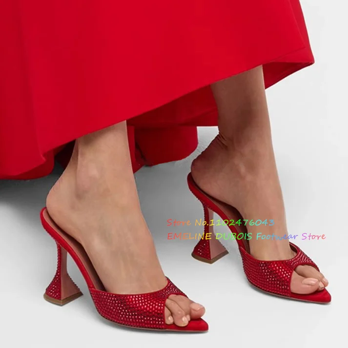 

Red Crystal Embellished Suede Mules Women Pointed Toe Wine Glass High Heel Slippers Solid Handmade Ladies Party Dress Slippers