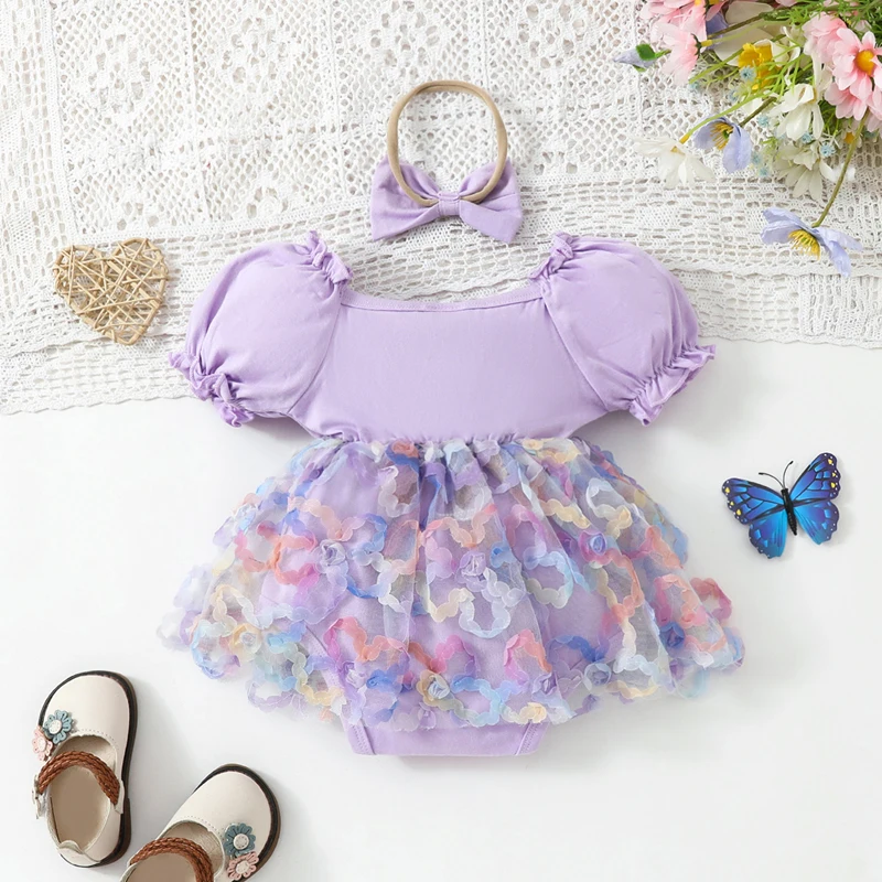 Baby Girl 2 Piece Set Frill Trim Puff Sleeve 3D Flower Romper Dress 3D Bow Headband Infant Toddler Summer Outfits