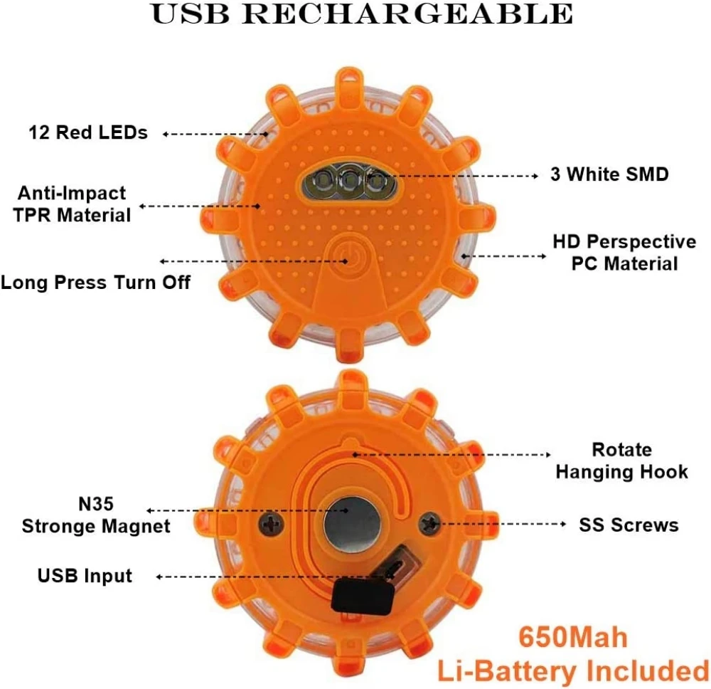 USB Rechargeable LED Road Flares Emergency Lights Roadside Warning Car Safety Beacon Flashing Disc Flare Kit With Magnetic Base