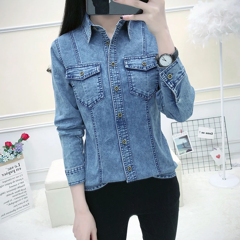 SUSOLA Basic Vintage Women Denim Shirt Tops Lady Spring Autumn Casual Long Sleeve Cotton Washed Blue Jeans Blouse Clothes Femme