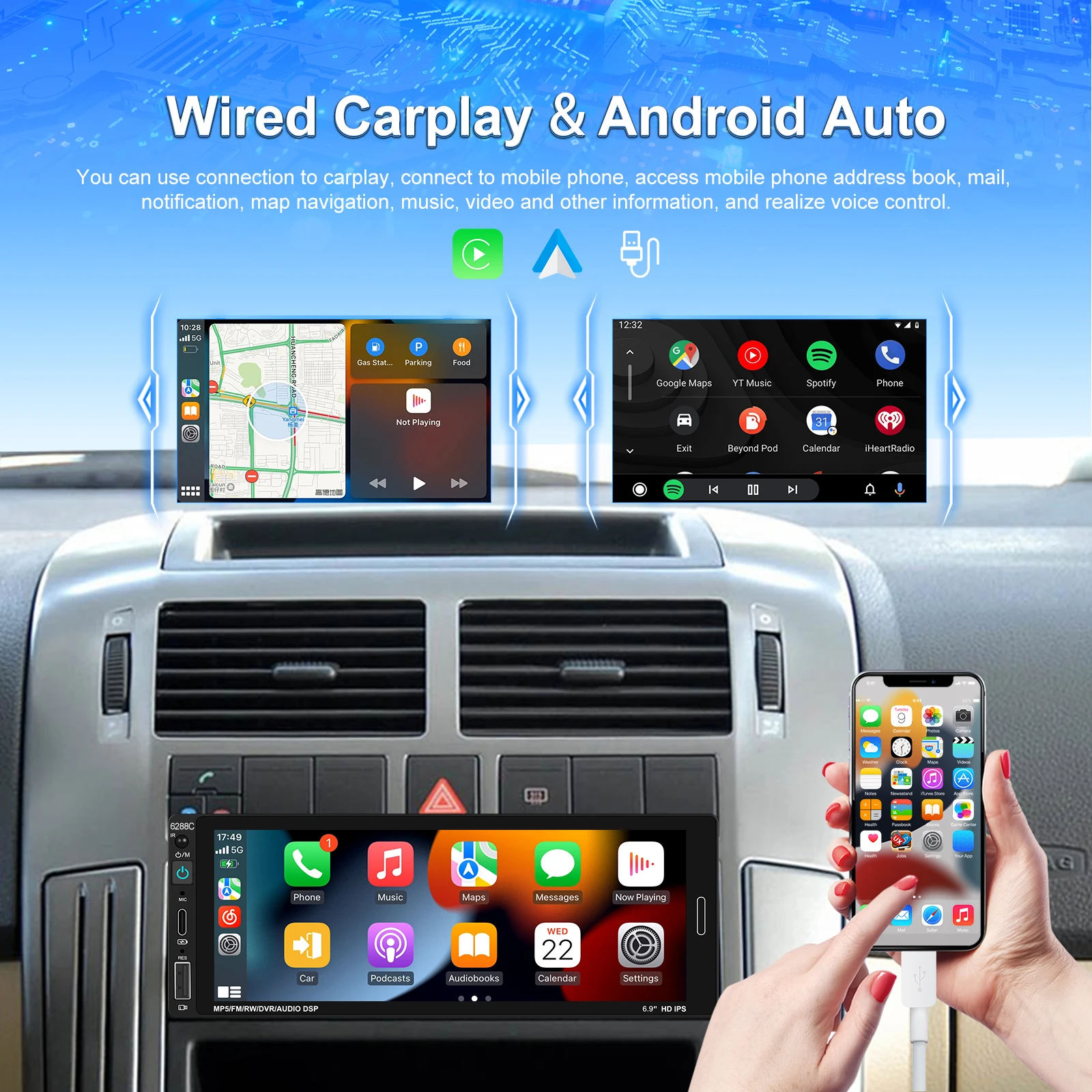 Podofo 1 Din 6.86 Inch Car Radio Wireless CarPlay/Android Auto BT Handsfree FM Radio Receiver USB IPS Screen MP5 Player