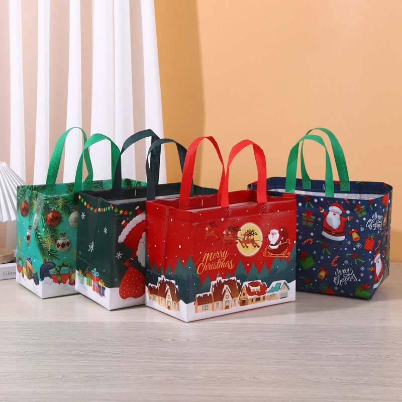 4Pcs Christmas Gift Bag With Handle Non-Woven Reusable Holiday Treat Packaging Bag For Christmas Party And New Year Gifts