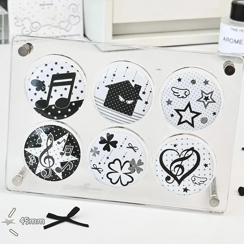 4pcs minimalist piano note tinplate badge, ins style black and white polka dot star wing bow decoration badge