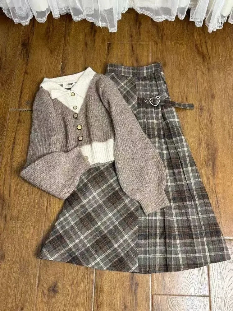 

Autumn Winter Lazy Style Knitted Sweater And Plaid Skirt Two Piece Set High Waist Midi Skirt Fake Two Piece Long Sleeve ...
