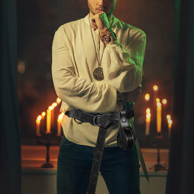 2Pcs 4Pcs Halloween Medieval Knight Retro Leather Belt, Purse Fanny Pack Key Ring Set, Renaissance Viking Warrior Accessories, R