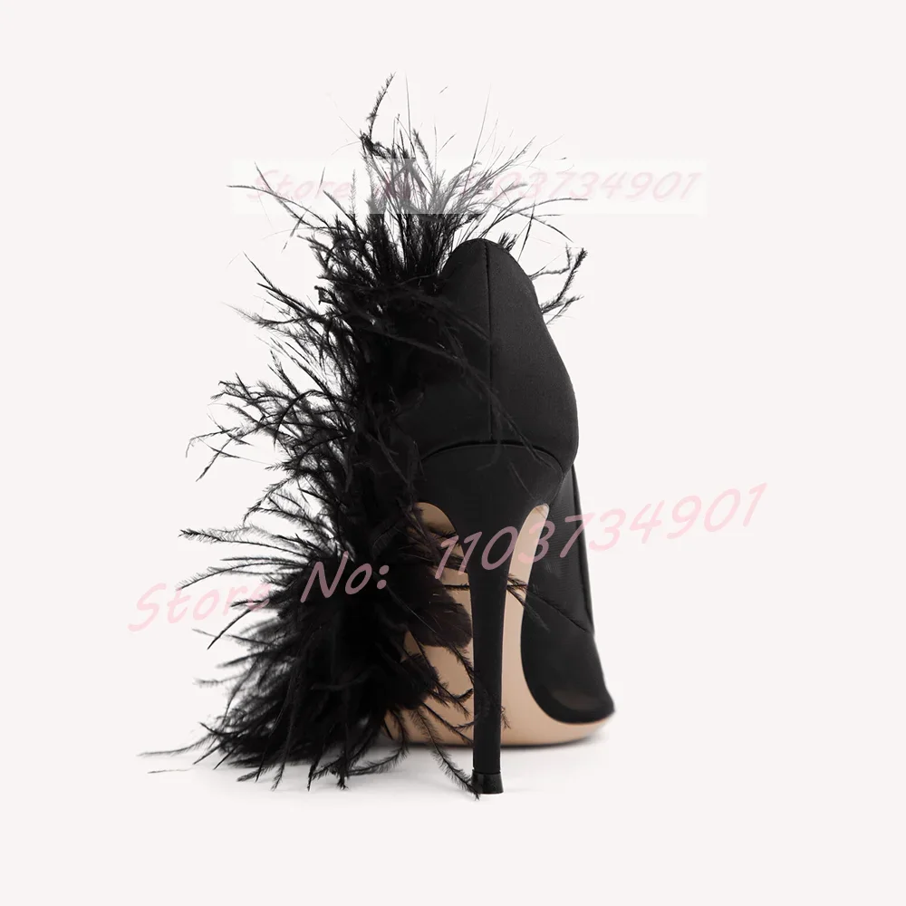 Feather Mesh Black Satin Pumps Women Elegant Party Pointy Toe Stiletto High Heels Shoes Ladies Trendy Casual Chic Slip-On Pumps