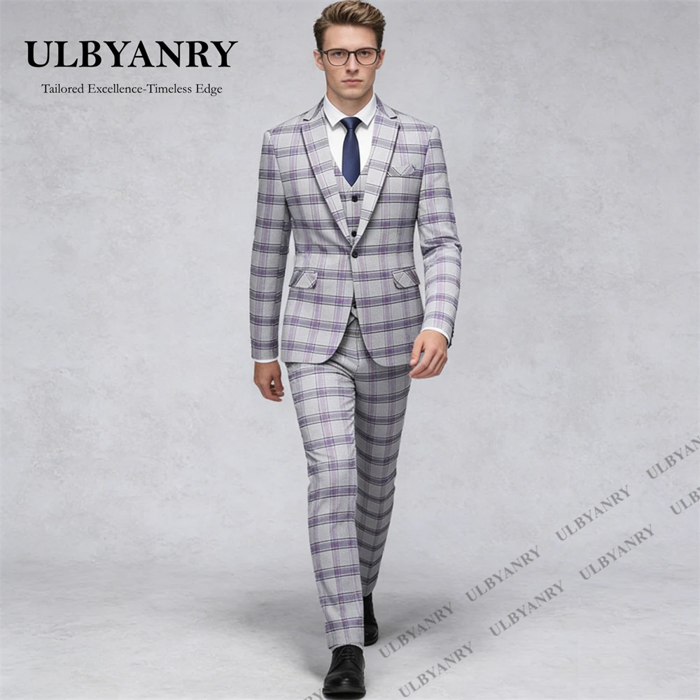 

ULBYANRY Checkered Suit Set for Men, Three Piece Formal Suit Jacket Waistcoat Pants Business Tuxedo M-6XL Kids Graduation