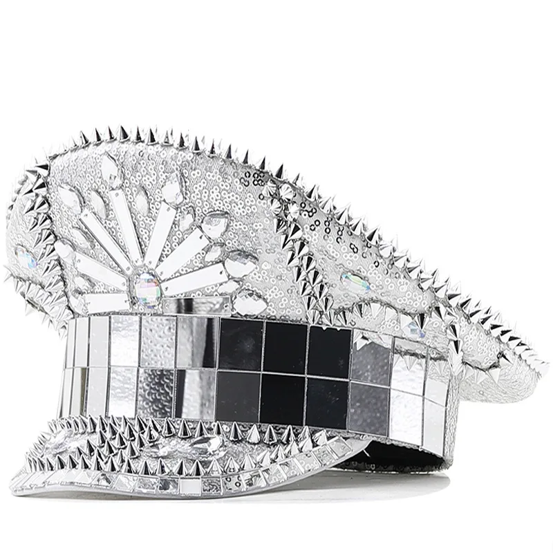 

Nightclub Silver Rivet Hip Hop Flat Top Peaked Cap Laser Mirror Sequin Singer Military Cap Pure Handmade Large Cap For Women