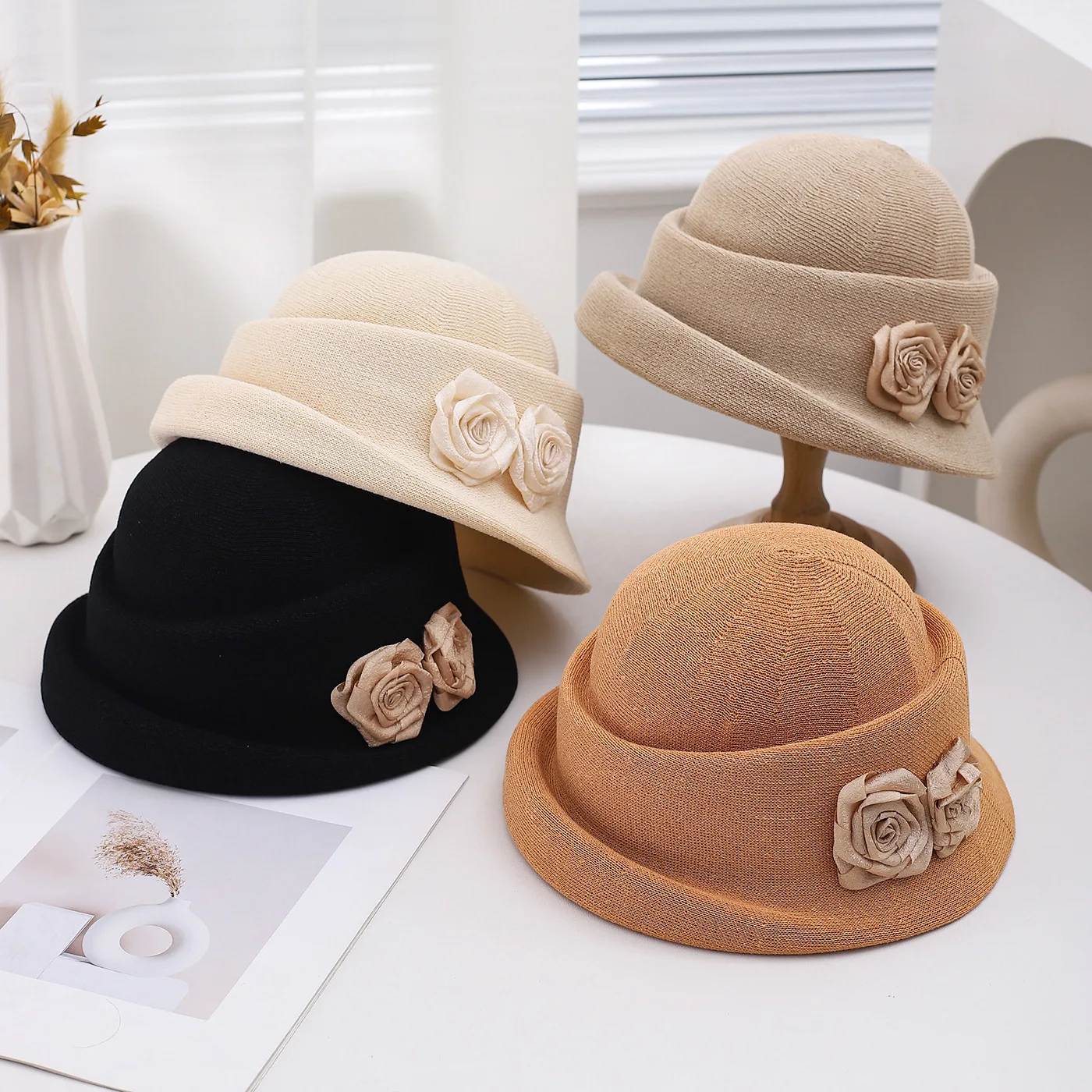 Camellia Flower Rolls Brim Top Caps Women's Retro Fashionable Versatile Tidal Current Linen Breathable Beret Hats
