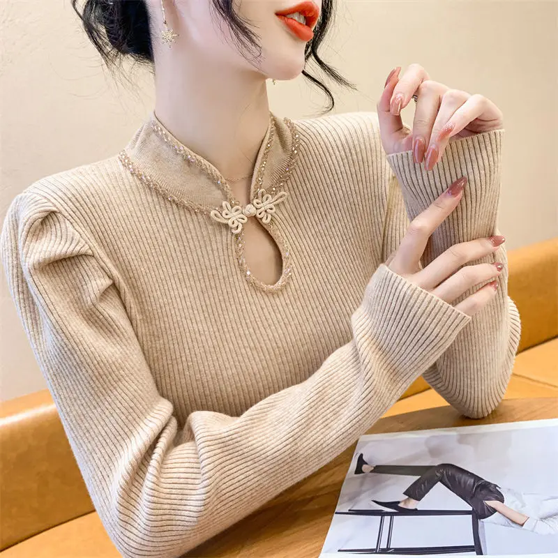 Chinese Style Buckle Stand Up Collar Knitted Sweater for Women's Clothing New Heavy Industry Nail Drill Hollow Long Sleeved