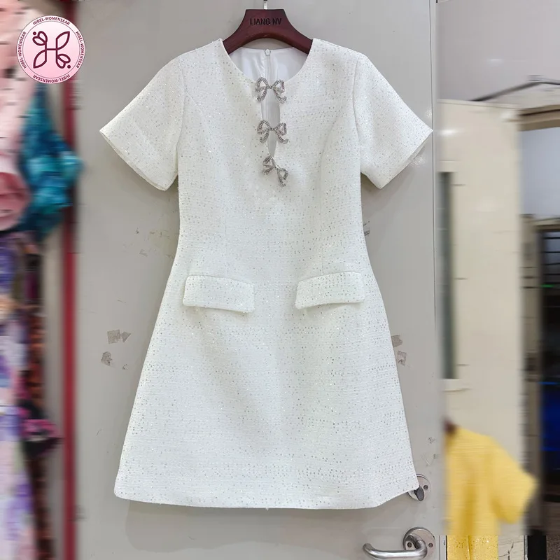 Luxury French Tweed Dress - Summer Cut-Out Waist Short Sleeve (Women's Elegant Chanel-Inspired Party Wear)