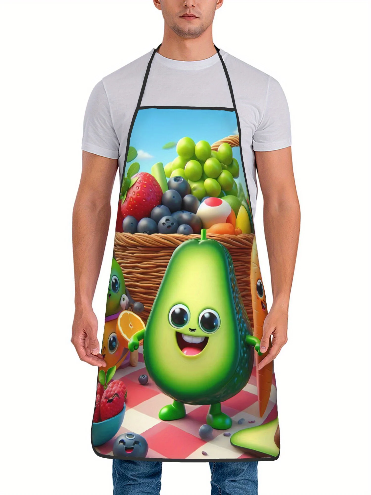 Fun Carrot Avocado Kitchen Apron - A unique cartoon fruit printed cooking apron designed specifically for men and women