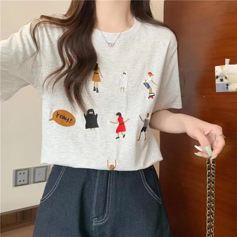 Summer Fashion Women T-Shirt Funny Cartoon Embroidery Tshirt Harajuku Casual Loose Pure Cotton Clothes T Shirt Female Streetwear