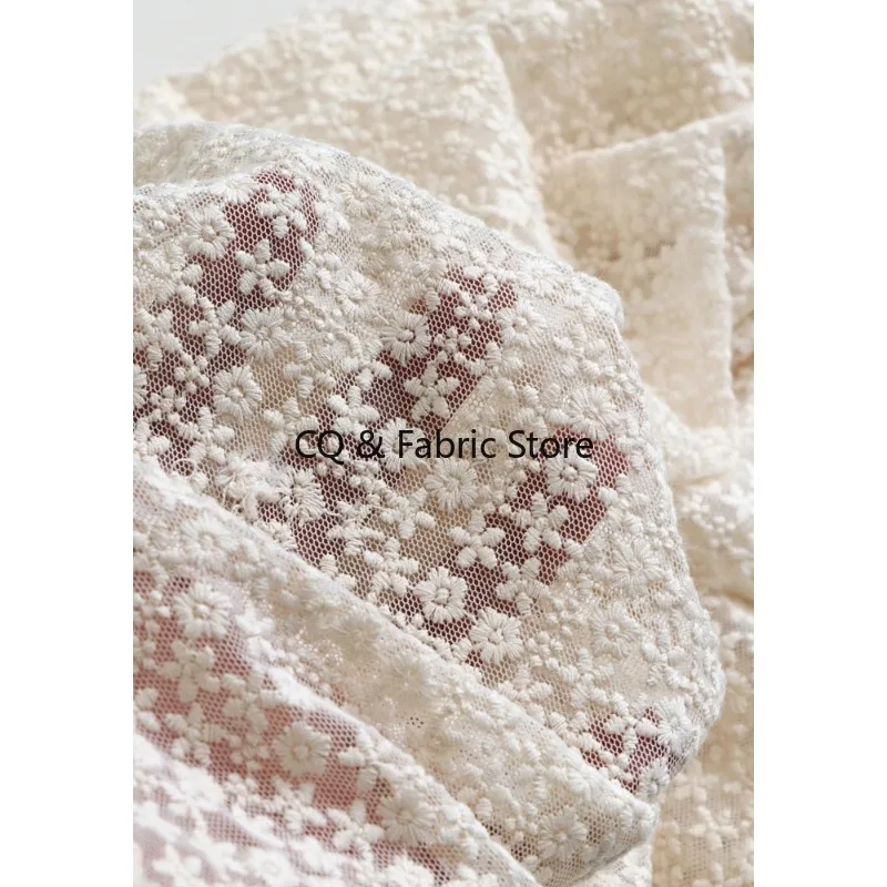 Soft Beige Mesh  Flowers Full Embroidered Lace Fabric DIY Wedding Dress Curtain Doll Clothes Accessories by the meter