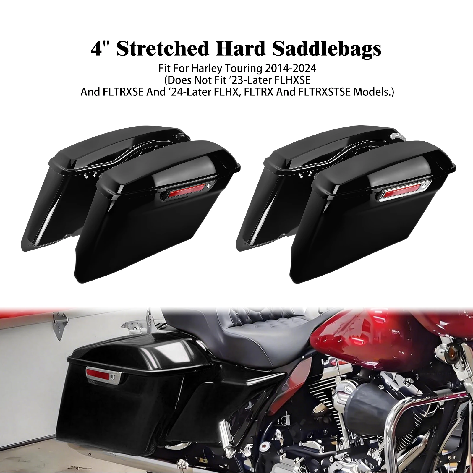 

4" Stretched Extended Hard Saddlebag Motorcycle Trunk Luggage Bags For Harley Touring Road King Street Glide Ultra Limited 14-24