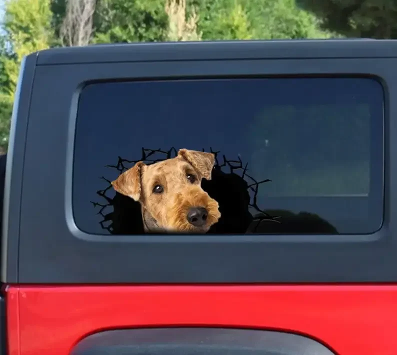 Airedale Terrier 3D sticker, cracked window decal , Airedale Terrier decal