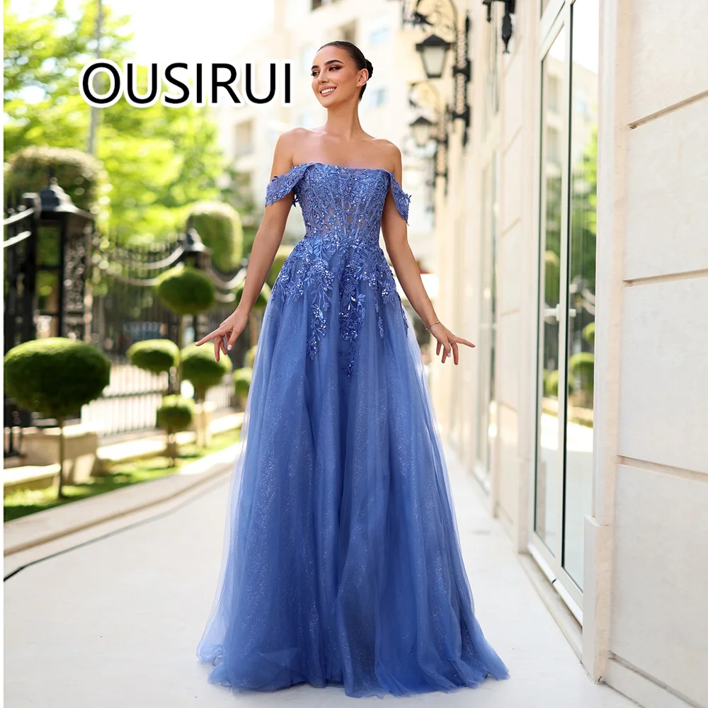 Shiny Boat Collar Tulle Evening Bridesmaid Gown with Lace A-line Long Backless Court Prom Dress for Women Custom Made