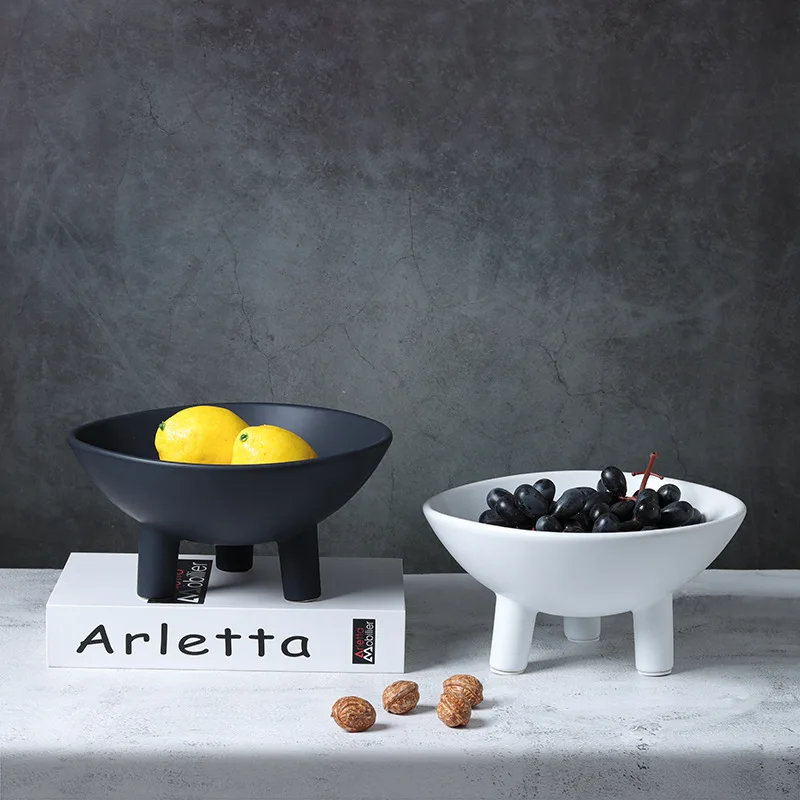 Black and White Minimalist Design Three Legged Circular Fruit Tray, Resin High Legged Tray, Living Room Desktop Storage Tray