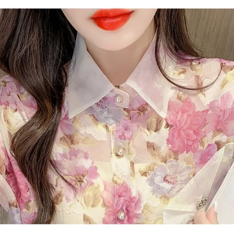 2024 Women\'s Summer Patchwork Turndown Collar Button Printing Batwing Sleeve Fashion Loose Short Sleeved Casual Shirts Blouses