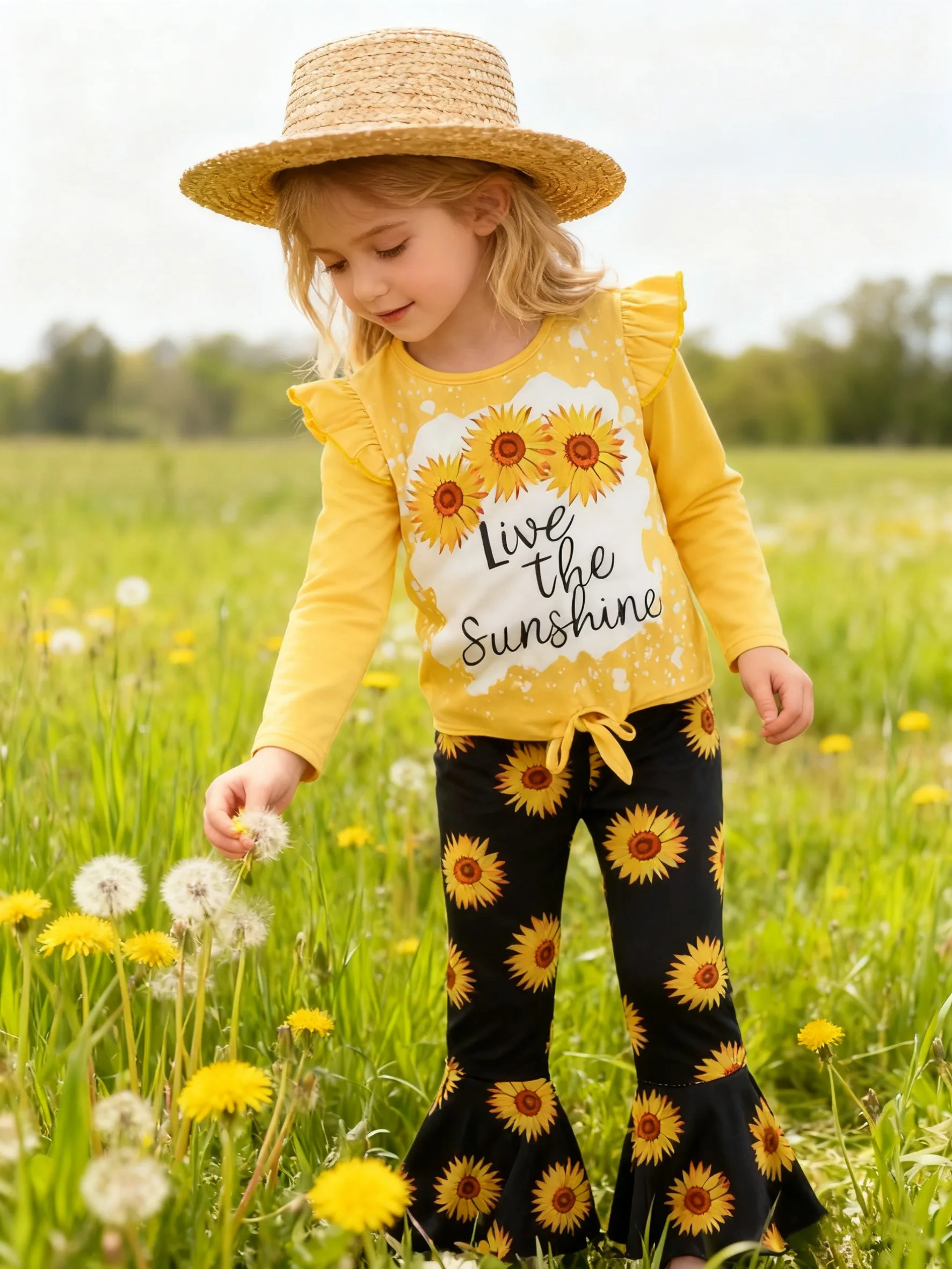 ملابس أطفال بناتي طقم بلوزة مطبوعة عباد الشمس + طقم مكون من قطعتين بأكمام طويلة متوهج للفتيات بعمر 4-7 سنوات في مجموعة ربيع الخريف