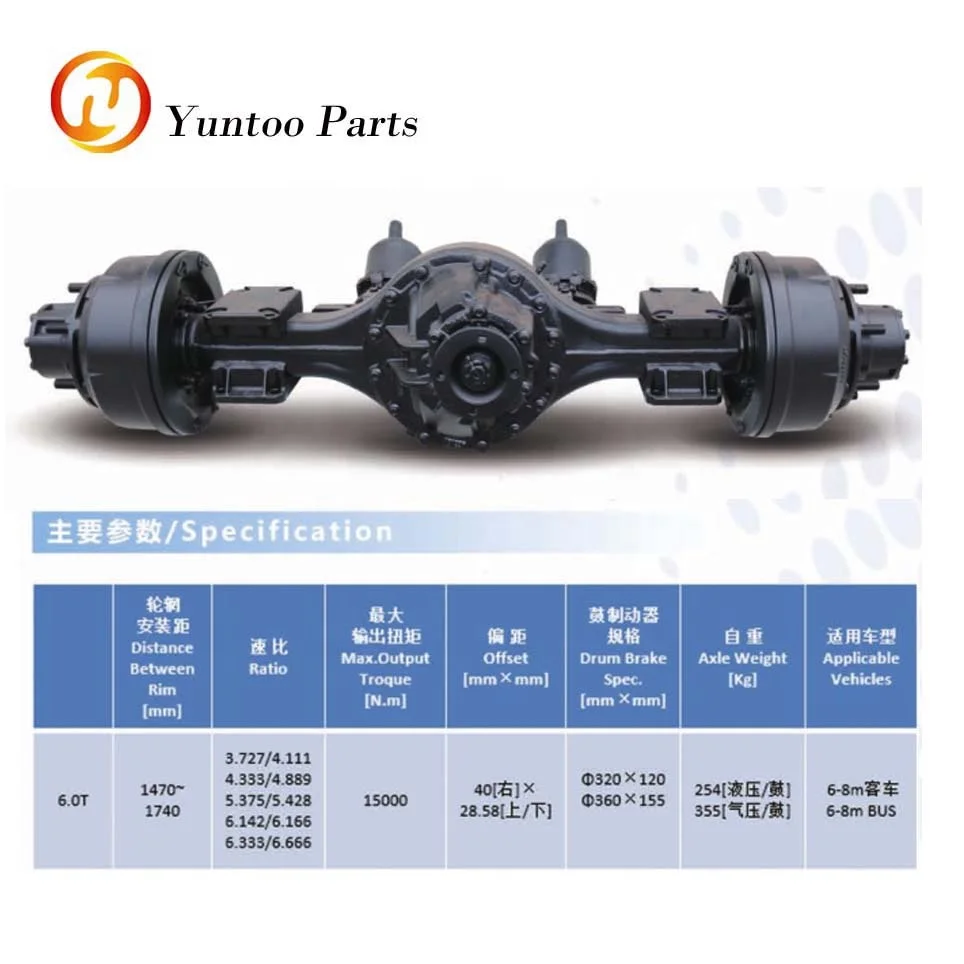 middle bus rear axle with drum brake load 6.0T