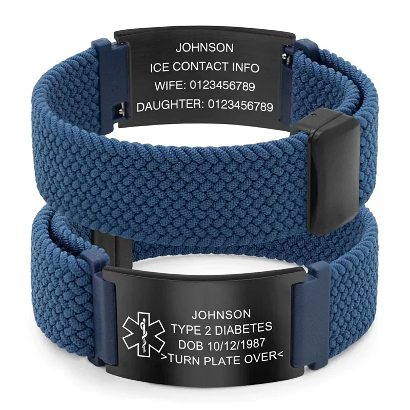 Personalisiertes Medizinisches Warnarmband Elastisches Nylon Individuell Graviertes Etikett Medizinisches ID-Armband Verstellbares Andenken-Geschenk für die Gesundheit – Detail 16