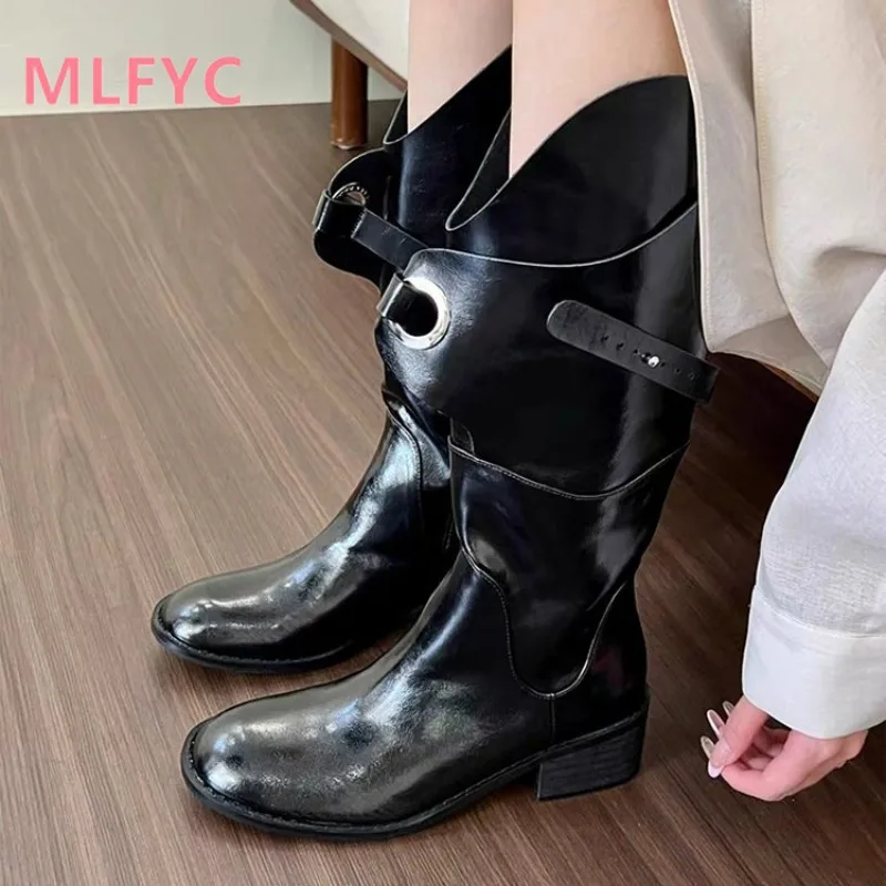 2024 New female Versatile Long Boots with Side Zipper Thick Heel Knight Boots Retro Women Western Boots