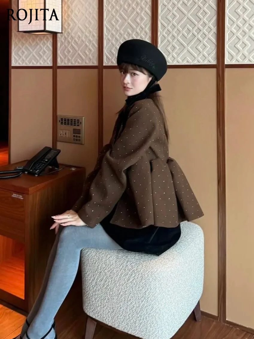 

Винтажный коричневый жакет в горошек на молнии с пеплумом на талии, структурированный блейзер с лацканами и блестящим цветочным узором по низу, для повседневной носки и офиса