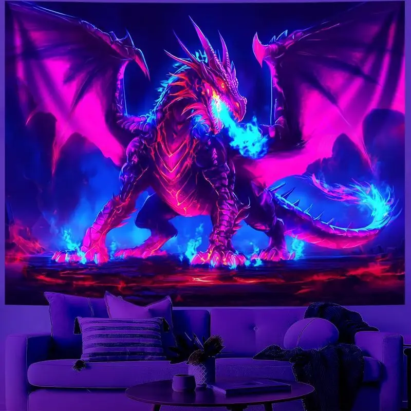 VIKAMA Blacklight Dragon Tapestry UV Reactive Neon Purple Blue Fire Breathing Fantasy Wall Hanging Glow Wall Art Bedroom Gaming