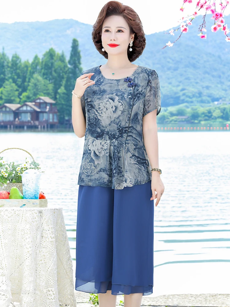 2025 Spring Summer Fashion New print Smooth Two Piece Sets Women's O-neck Short Sleeve Top + Casual Loose Wide Leg Pant Set wh5