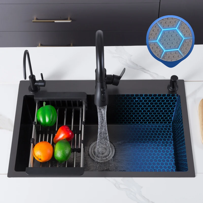 304 Stainless Steel Kitchen Sink Honeycomb Topmount Single Bowl DarkGray Wash Basin For Home Fixture With Accessories