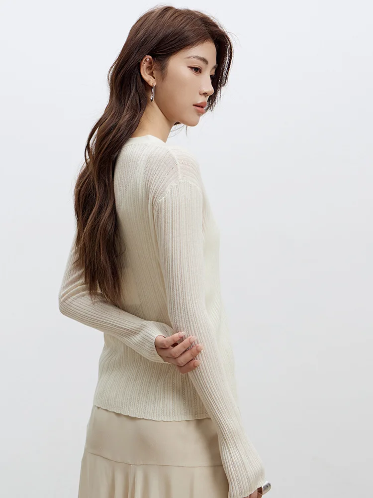 Birdtree 32.4% Sheep Wool 30.1% Acrylic Hollow Cardigan,Woman V-neck Autumn Full Sleeve Single Breasted Knit Coat Top T58510JF