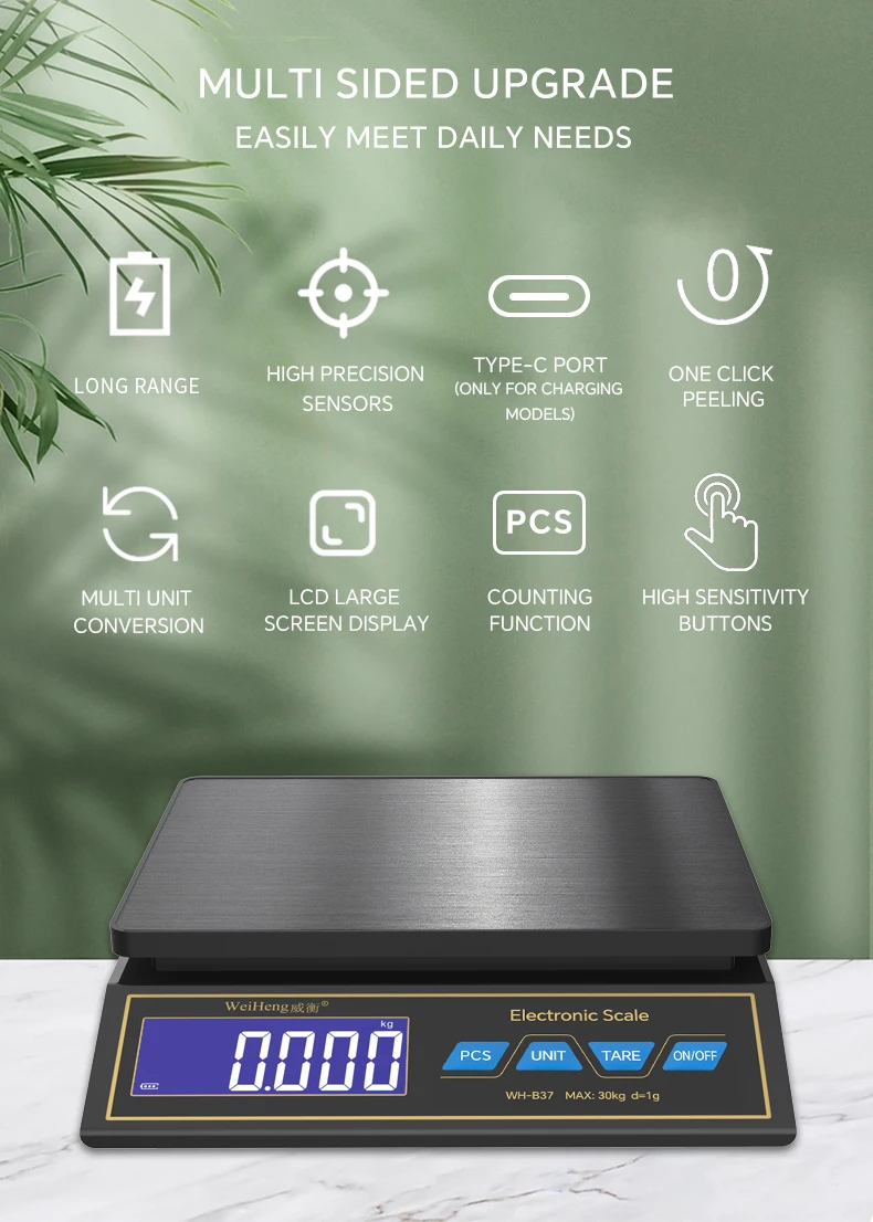 WH-B37C Präzisions-LCD-Digitalwaage 30kg/1g Wiederaufladbare Elektronische Haushaltswaage für Backen und Gesundes Kochen – Detail 5
