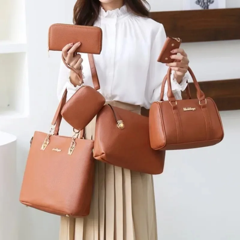 

6pcs Retro Large Crossbody Bag with Adjustable Strap & Zipper Closure - Multi-Piece Bun Female Bag Set