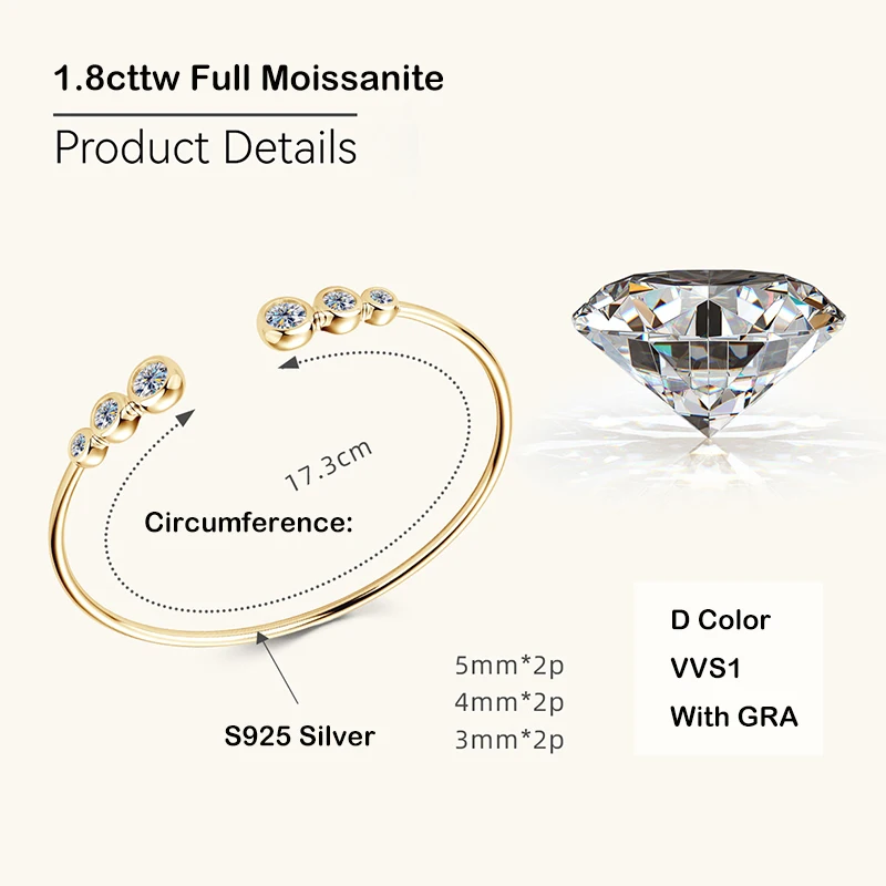 EWYA Luxury D Color 1.8cttw Full Moissanite Tennis Bracelet Bangle For Women Girl S925 Silver Pass Diamond Test Bubble Bracelets