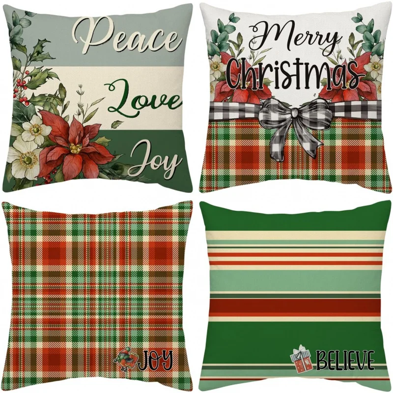 

Merry Christmas Red Pillowcase 18x18 inches 4-piece Set Water Buffalo Pattern Pillow Cover