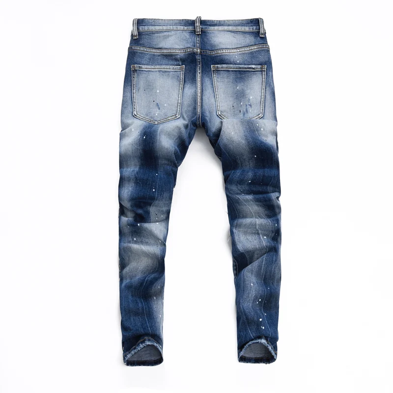 Fashion New Men'sY2K Retro Blue Cowboy Beaded Washed Water Nostalgic Perforated Patch Elastic Slimming Jeans Hip Hop Brand High